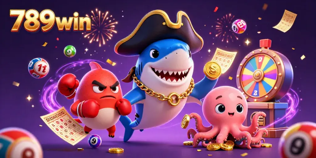 Engage with 789win's exciting lottery scene featuring a playful pirate shark, pufferfish, and octopus amidst colorful game elements.