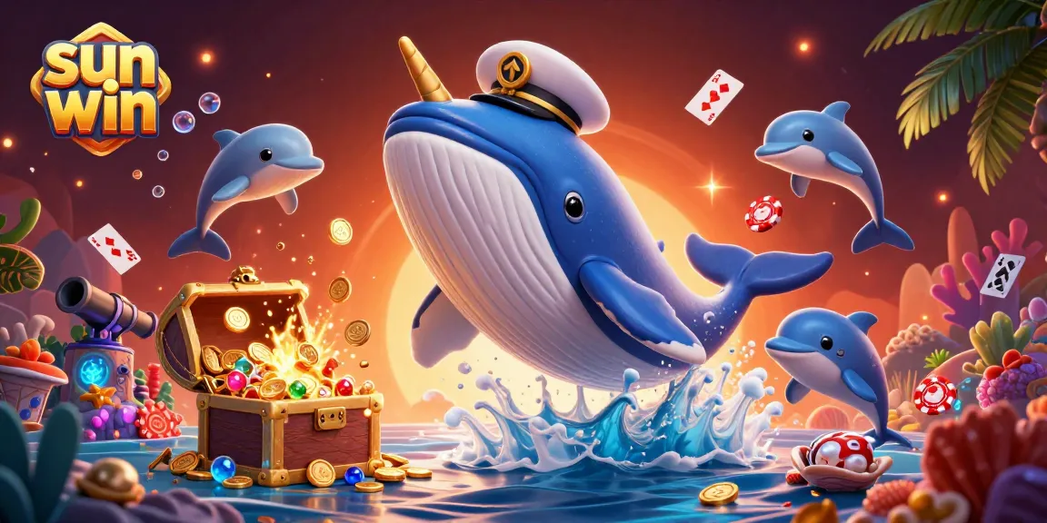 Experience the excitement of sun win with this vibrant 3D illustration showcasing slot reels and playful sea creatures.