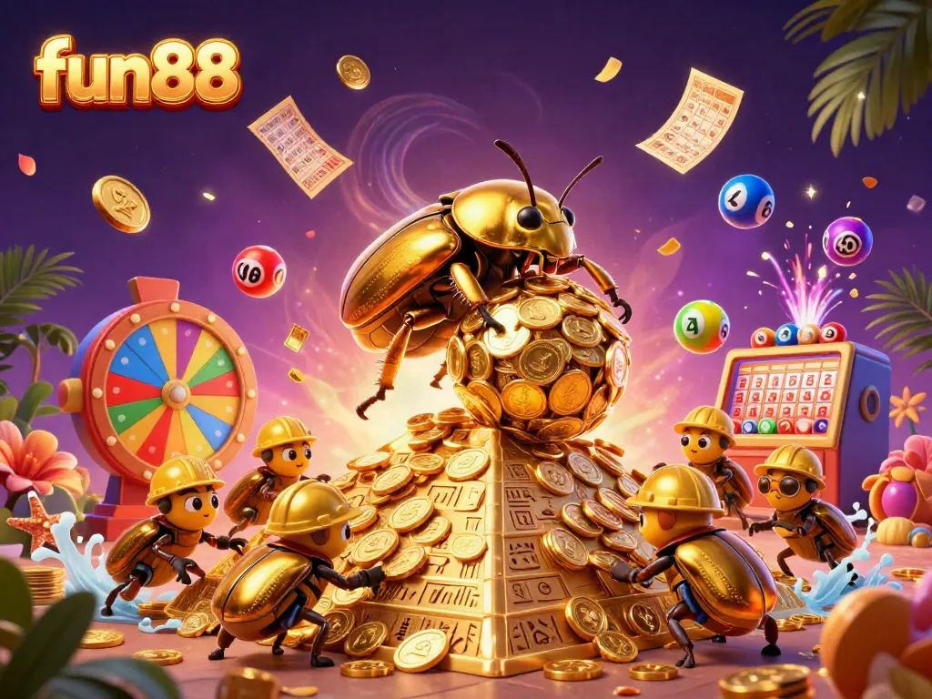 Spin and win with fun88 in a vibrant scene featuring casino elements, colorful lottery balls, and golden treasures.