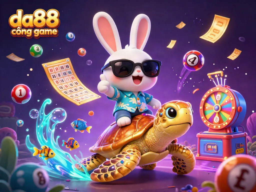 Experience excitement with da88 cổng game featuring a lucky rabbit, golden turtle, and dynamic gaming elements in a vibrant scene.