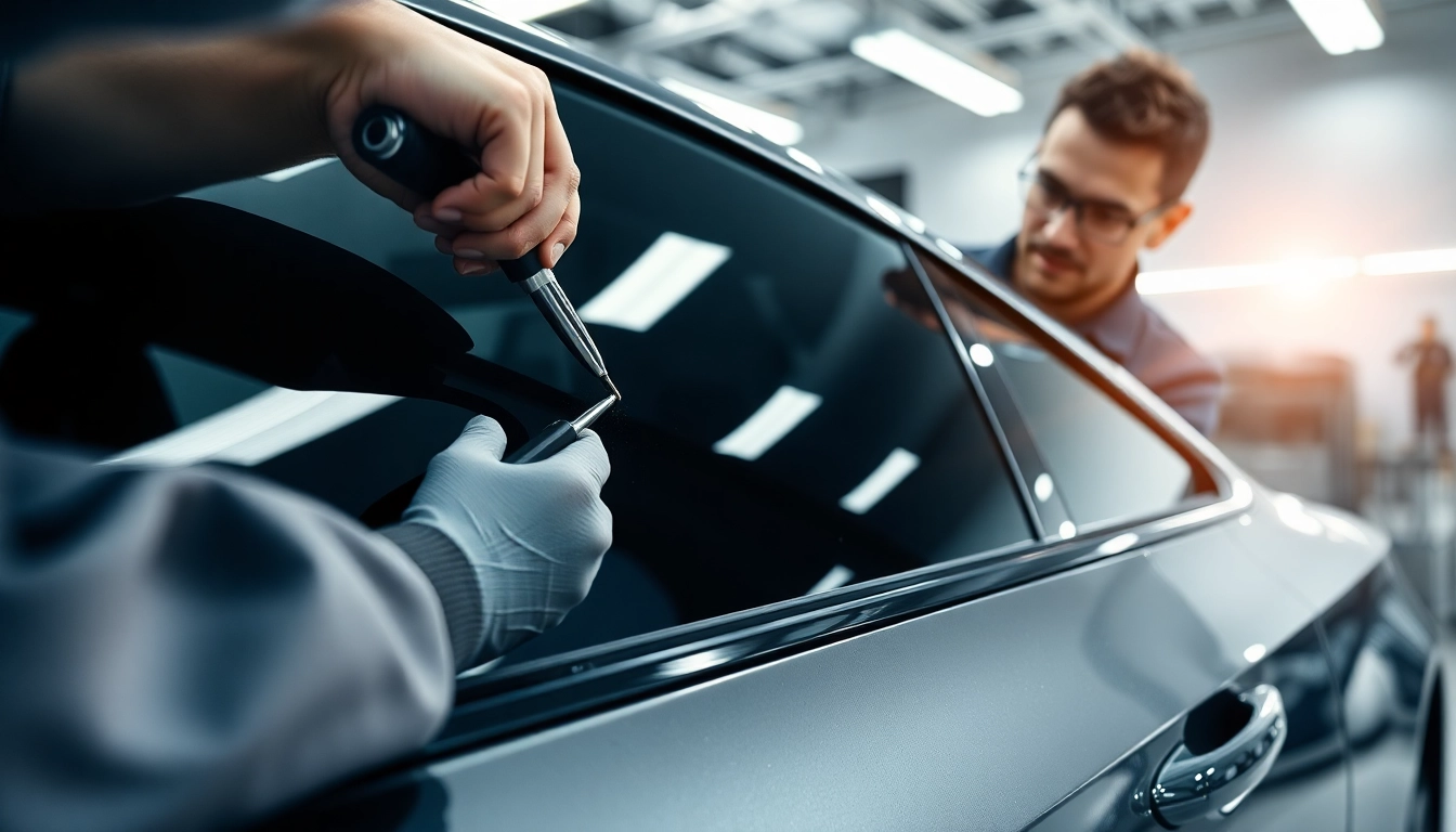 Applying ceramic window tint on a car's sleek windows for optimal UV protection
