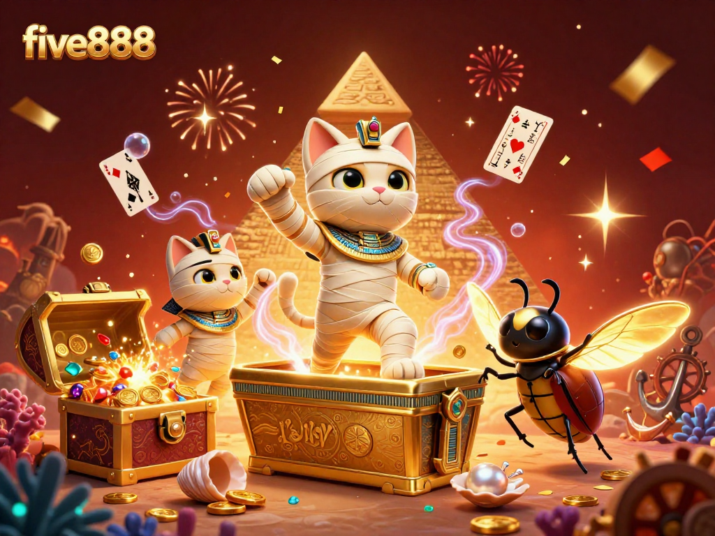 Experience thrilling gameplay at five888 with a mummy cat and glowing scarab in a vibrant casino.
