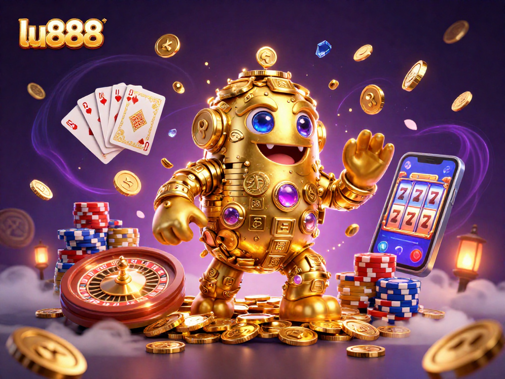 Engage with the vibrant world of gambling at lu888 featuring a 3D golden golem amid casino icons.
