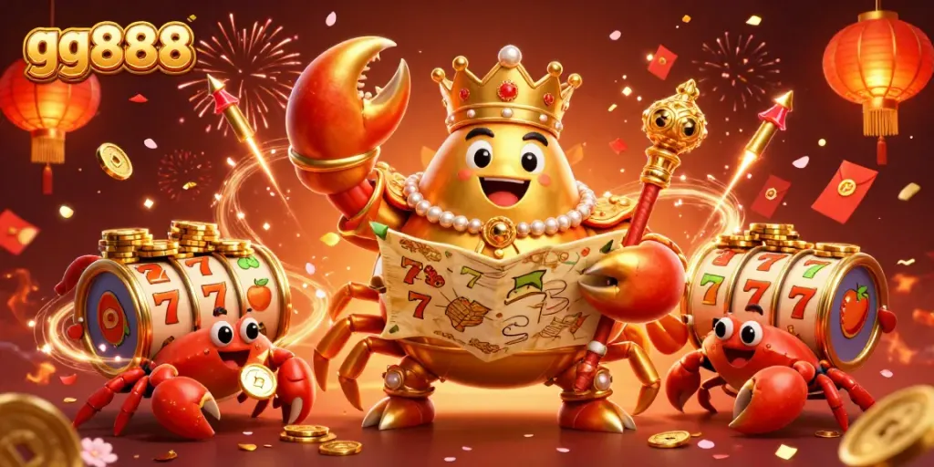 Engage with gg888’s golden crab emperor amid vibrant casino treasures and celebratory fireworks.