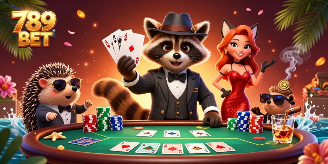 Engage in thrilling games at 789 BET with a suave raccoon enjoying a royal flush at a poker table.