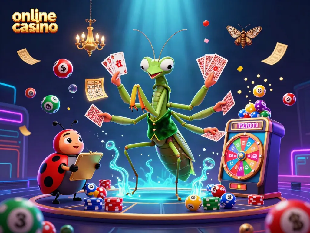Experience an online casino of fun with a giant praying mantis dealer and ladybug pit boss.