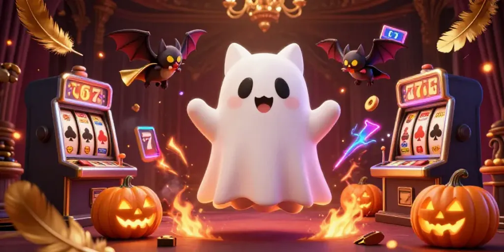 Experience the best online pokies with a ghost cat in a haunted casino surrounded by glowing game elements.