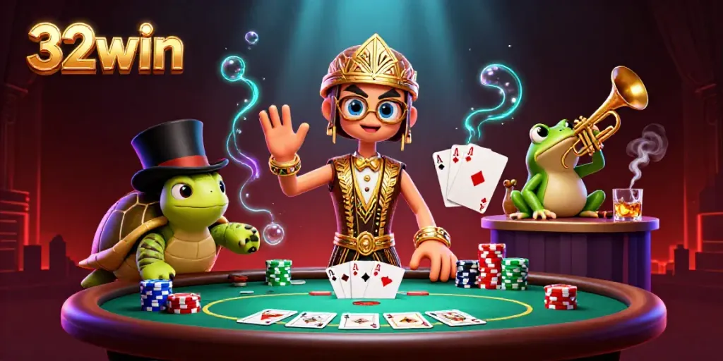 Engage in thrilling action with 32win's vibrant cartoon illustration showcasing dynamic poker gameplay.