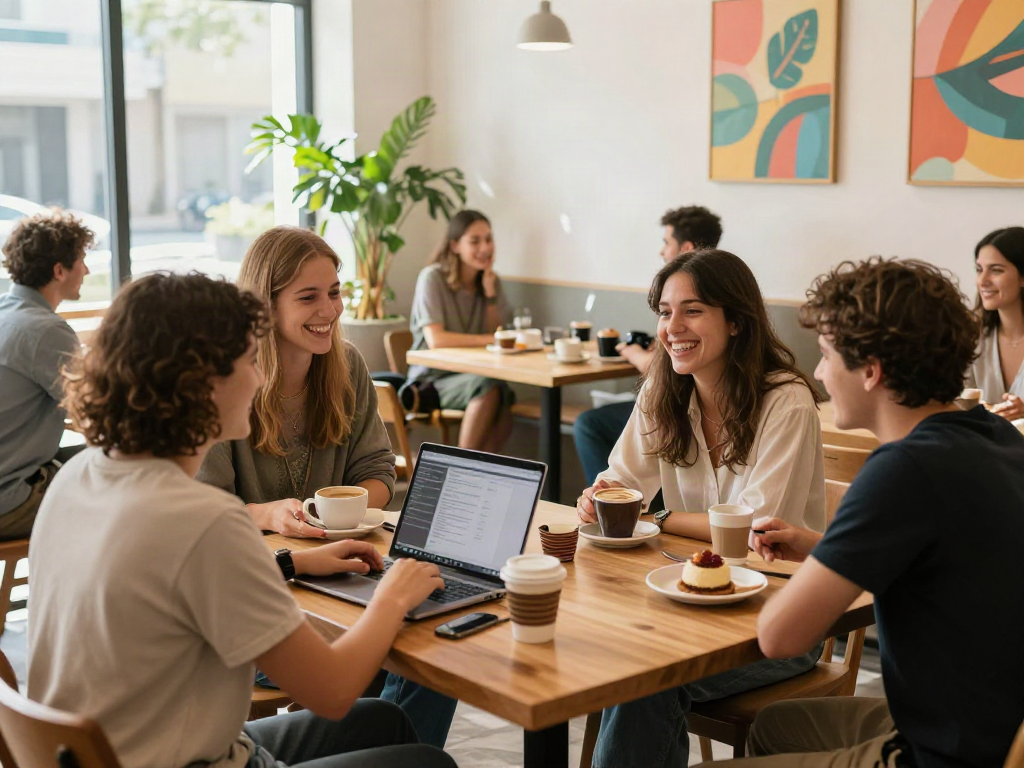 Friends enjoying coffee and desserts at a trendy café, capturing the essence of rokok88.