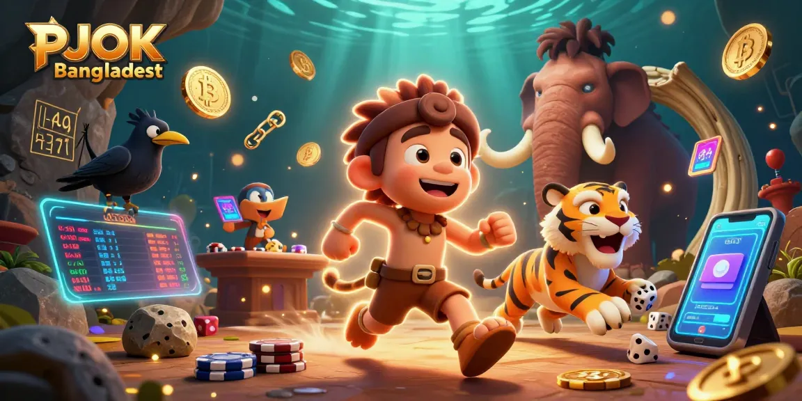 Experience the vibrant action at PJOK Bangladesh with a dynamic prehistoric casino scene featuring unique characters and crypto elements.
