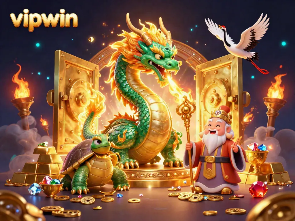 Experience thrilling wins with vipwin in an ultra-detailed 3D casino scene featuring a majestic jade dragon and treasures.