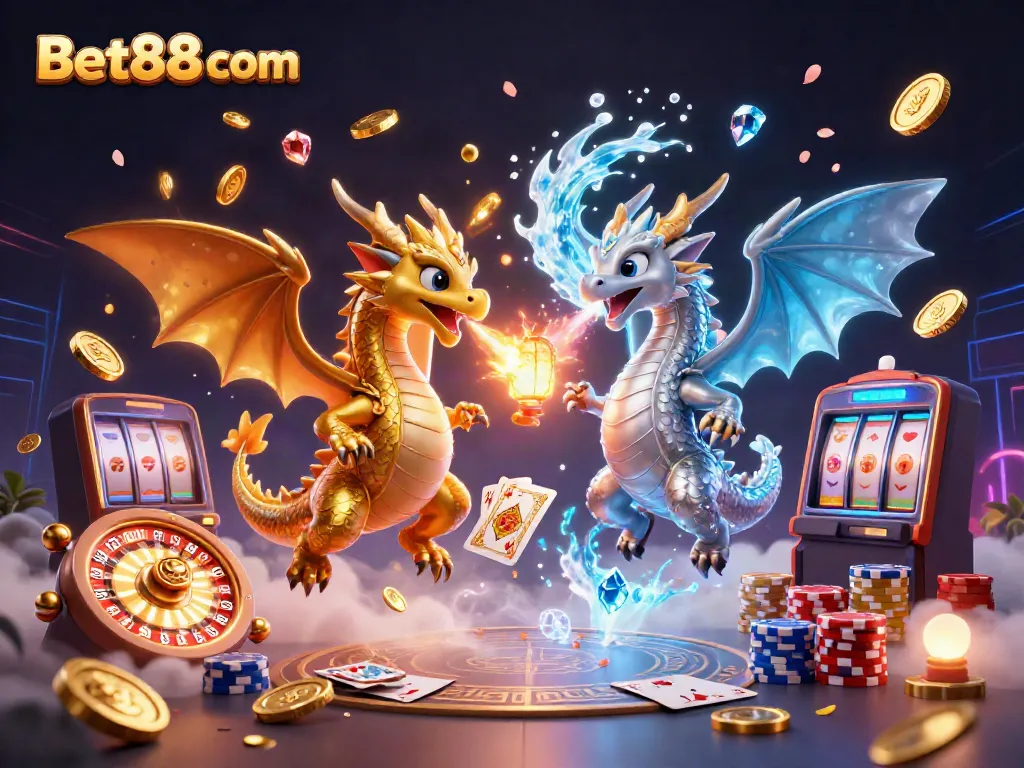 Experience the dynamic action of Bet88 com with dragons, gems, and gaming symbols in a vibrant 3D scene.