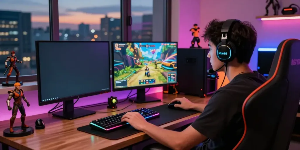 Engaged player at a gaming desk experiencing the Man88 gaming platform with dual monitors and vibrant graphics.