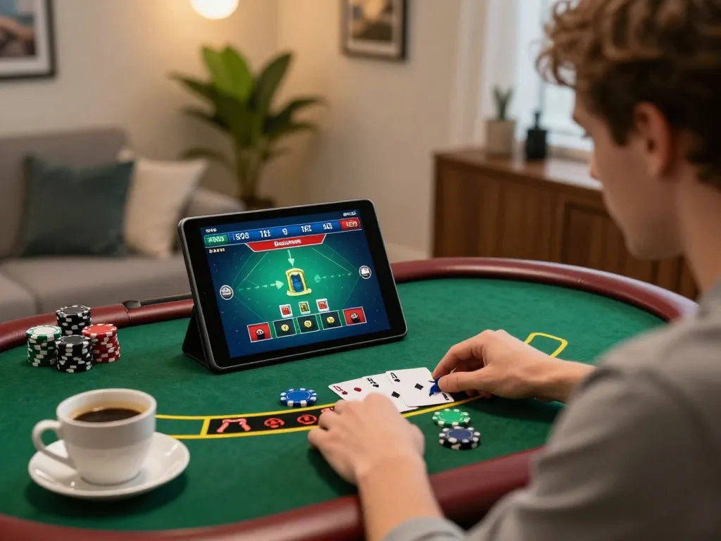 rokok88 player strategizing in an online blackjack game in a cozy home setting