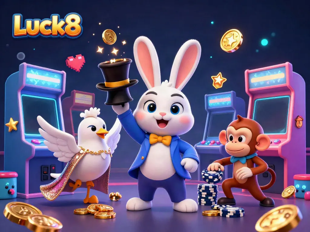 Engage with Luck8 as the magician rabbit conjures treasures among a vibrant casino scene.