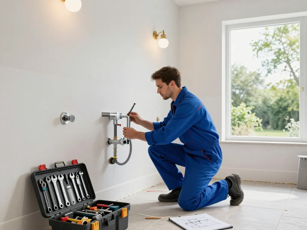 Encanador skillfully installing modern plumbing fixtures in a bright bathroom renovation.