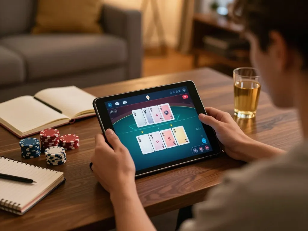 Engaging scene of a player on rokok88 practicing strategy at home, with poker cards and chips visible.