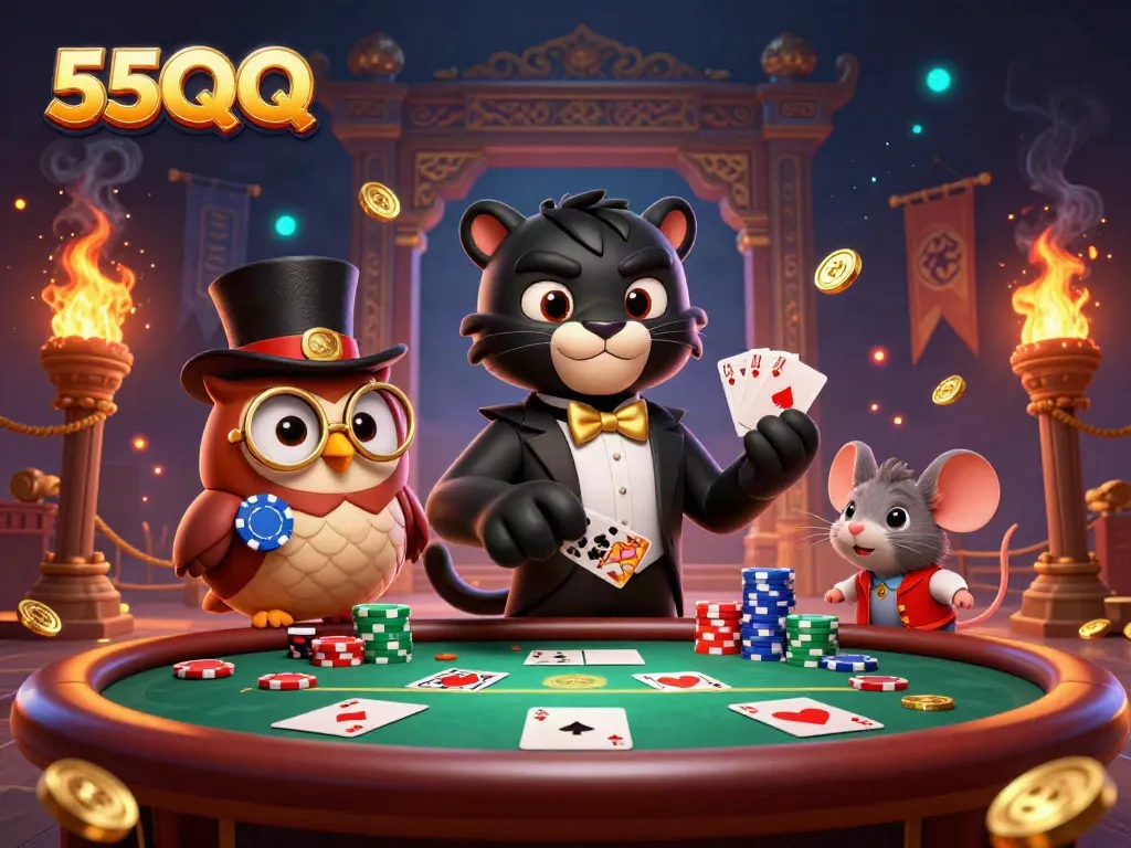 Engage in thrilling poker games with 55QQ while the black panther deals cards at a lavish casino.