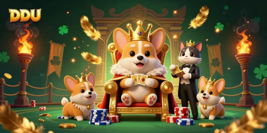 Experience the excitement of DDUU gaming with a royal corgi on a poker chip throne