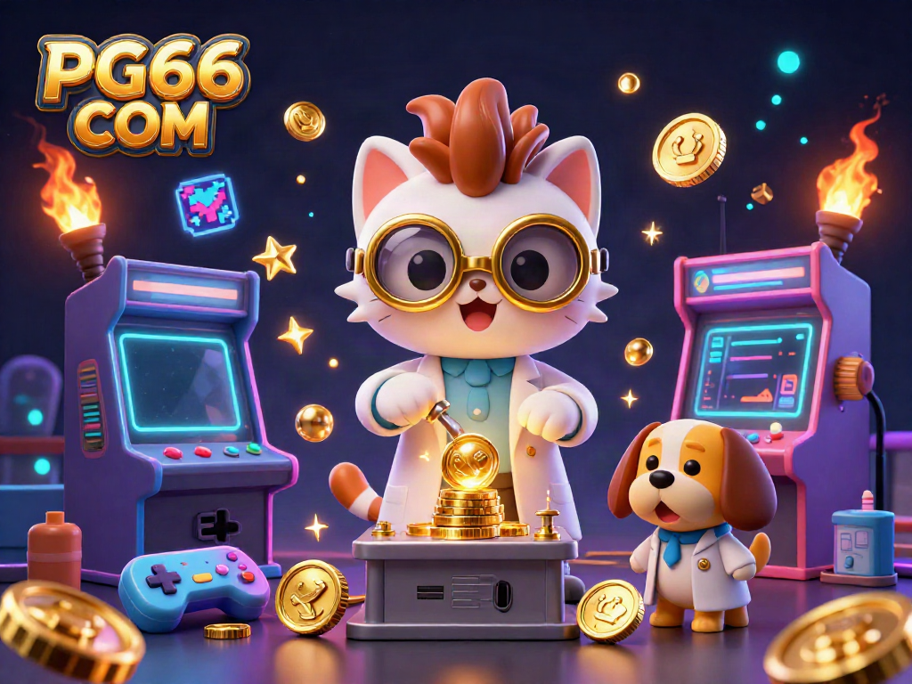 Experience the excitement at PG66 COM with an engaging casino-themed scene involving a mad scientist cat and lab assistant.