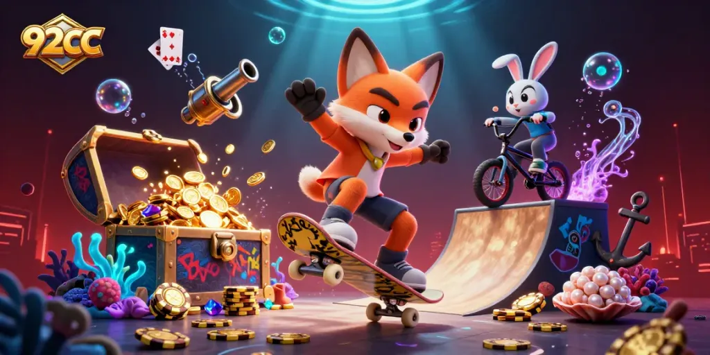 Experience thrilling adventures at 92CC, featuring foxes flipping over poker chips and vibrant casino elements.