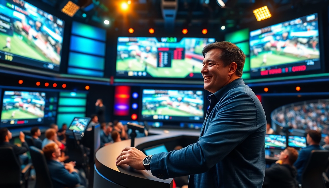 Sports Broadcasting studio with energetic commentators interacting and vivid displays.