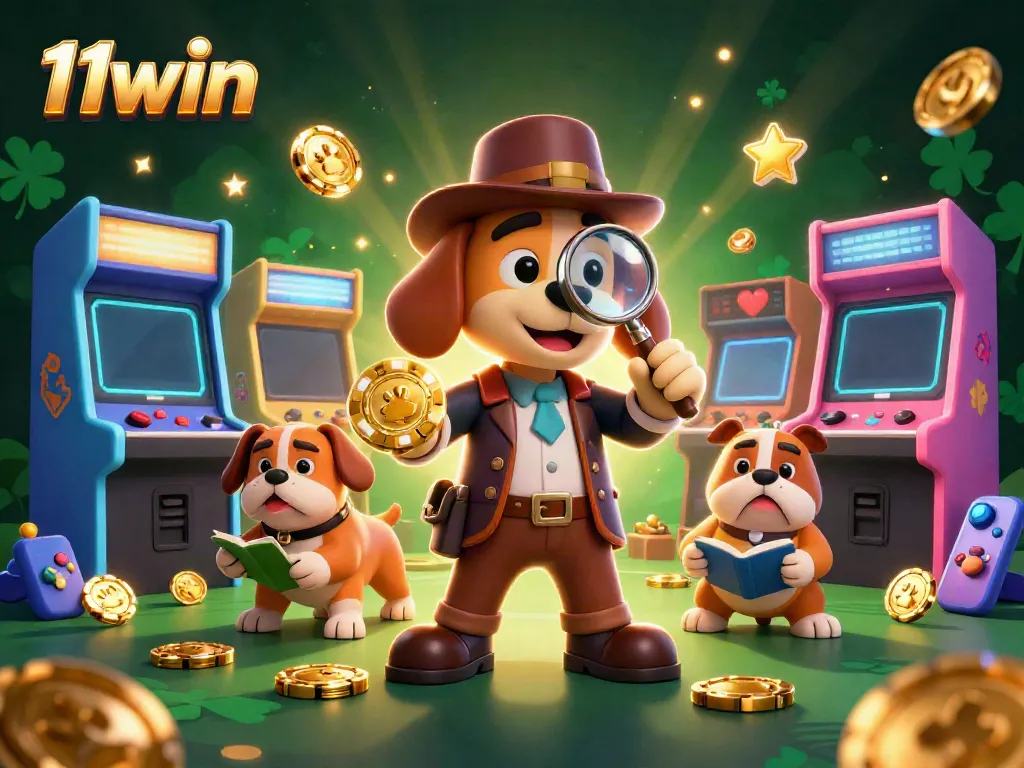 Join the adventure with 11win as a detective dog uncovers golden poker chip clues among vibrant casino games!