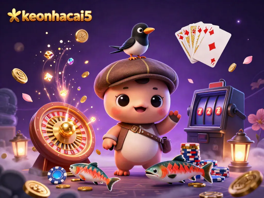 Engage with multiple gaming elements featuring keonhacai5's 3D Nessie and friends amidst a vibrant casino atmosphere.