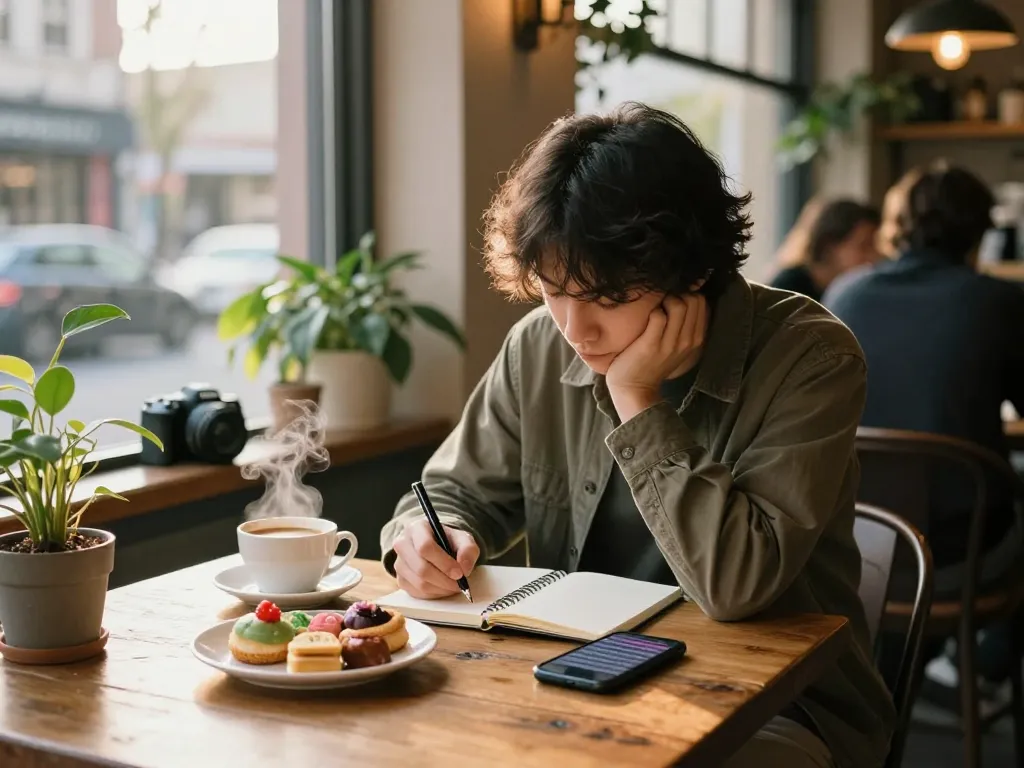 A young person in a coffee shop reflecting on a crush on someone special, with a notebook and coffee.