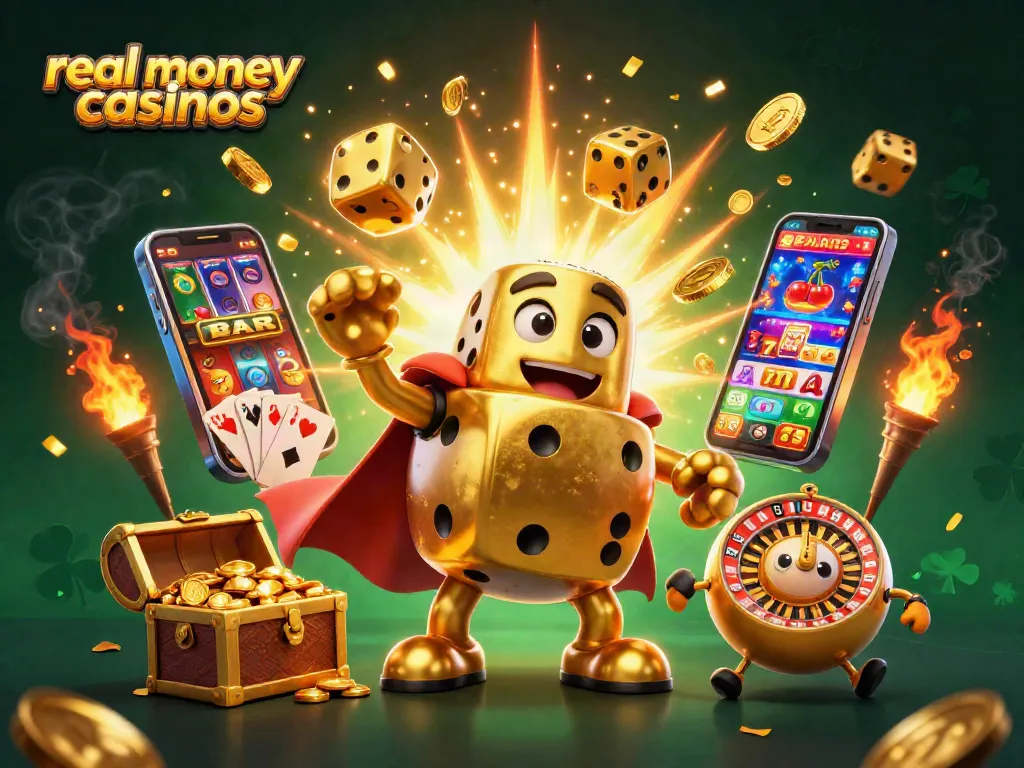 Experience the thrill of real money casinos with vibrant gaming action and dynamic characters in this illustration.