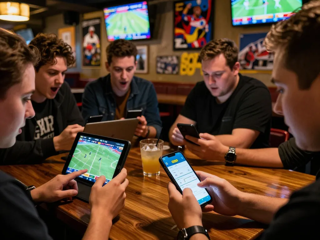 Cena de apostas exibindo o aplicativo 668bet em um smartphone com fãs de esportes engajados em um bar