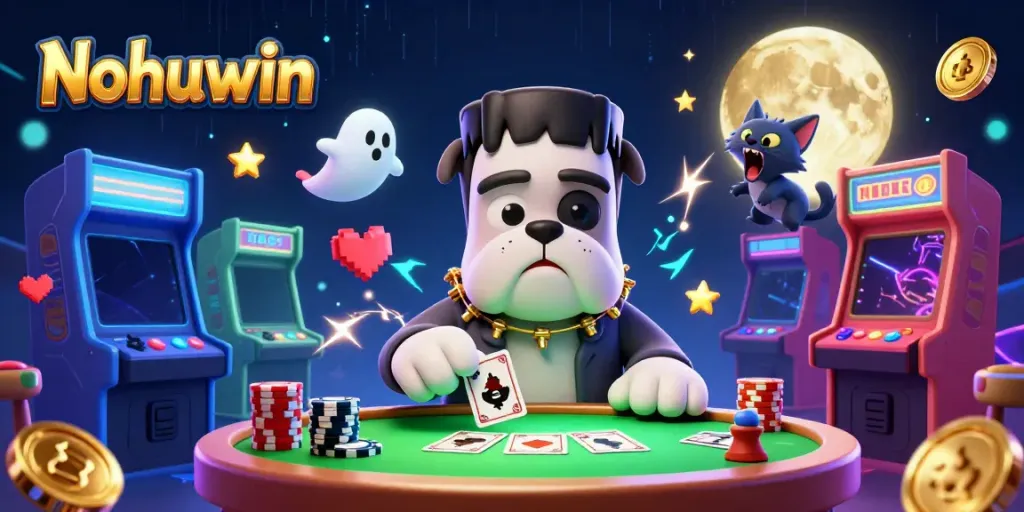 Nohuwin showcases a lively 3D gaming atmosphere with colorful characters dealing cards and gaming machines.