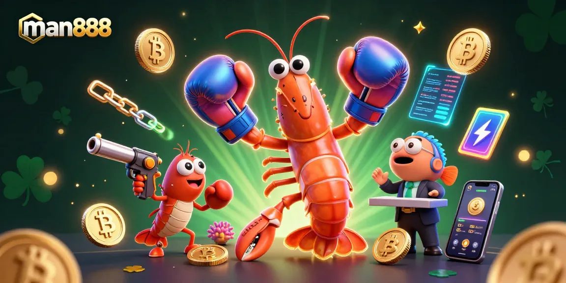 Experience winning at man888 with vibrant characters and dynamic casino elements surrounding a 3D shrimp duo.