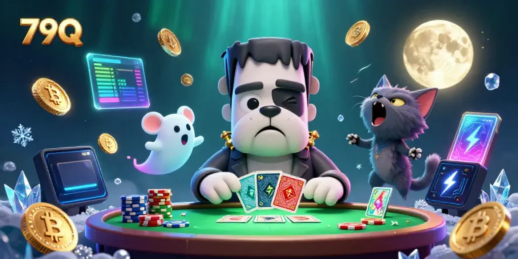 Engaging scene of 79Q featuring a Frankenstein bulldog dealing cards at a casino with vibrant game elements.