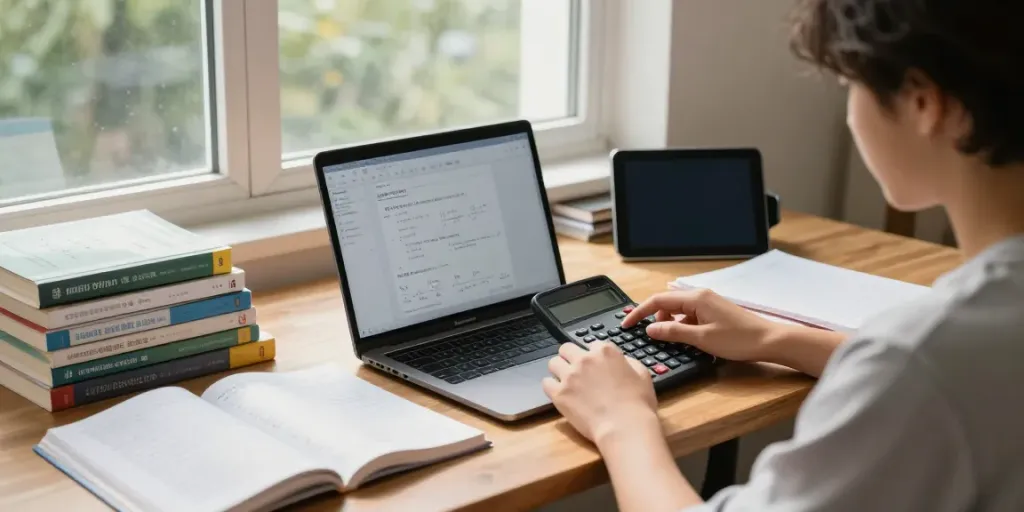 Estudante utilizando calculadora científica online em ambiente de estudo iluminado.
