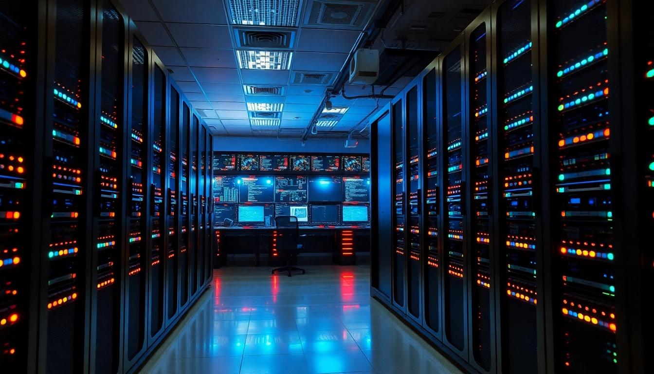 High-performance server room optimized for adult hosting with sleek racks and digital displays.