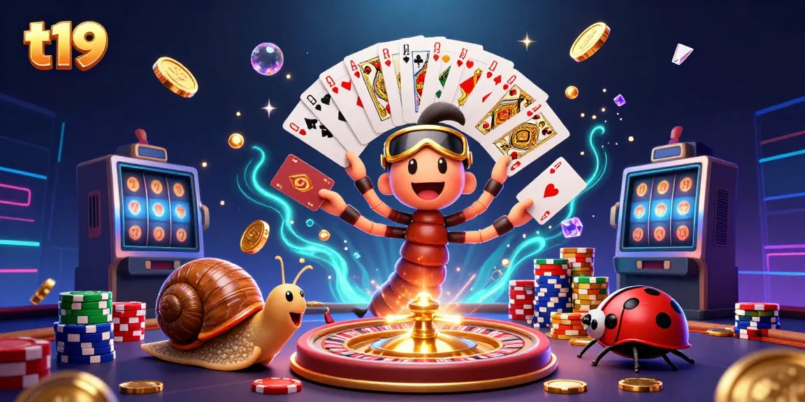 Engage with t19 playing cards and colorful chips in this exciting illustrated casino scene.