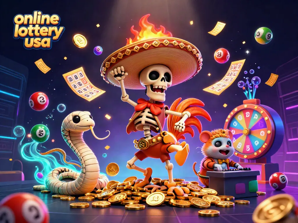 Experience thrilling online lottery usa excitement with colorful lottery balls and engaging characters.