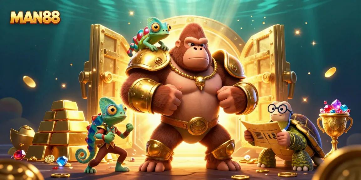 Experience thrilling gaming at MAN88 with a vibrant scene featuring a powerful gorilla in armor.
